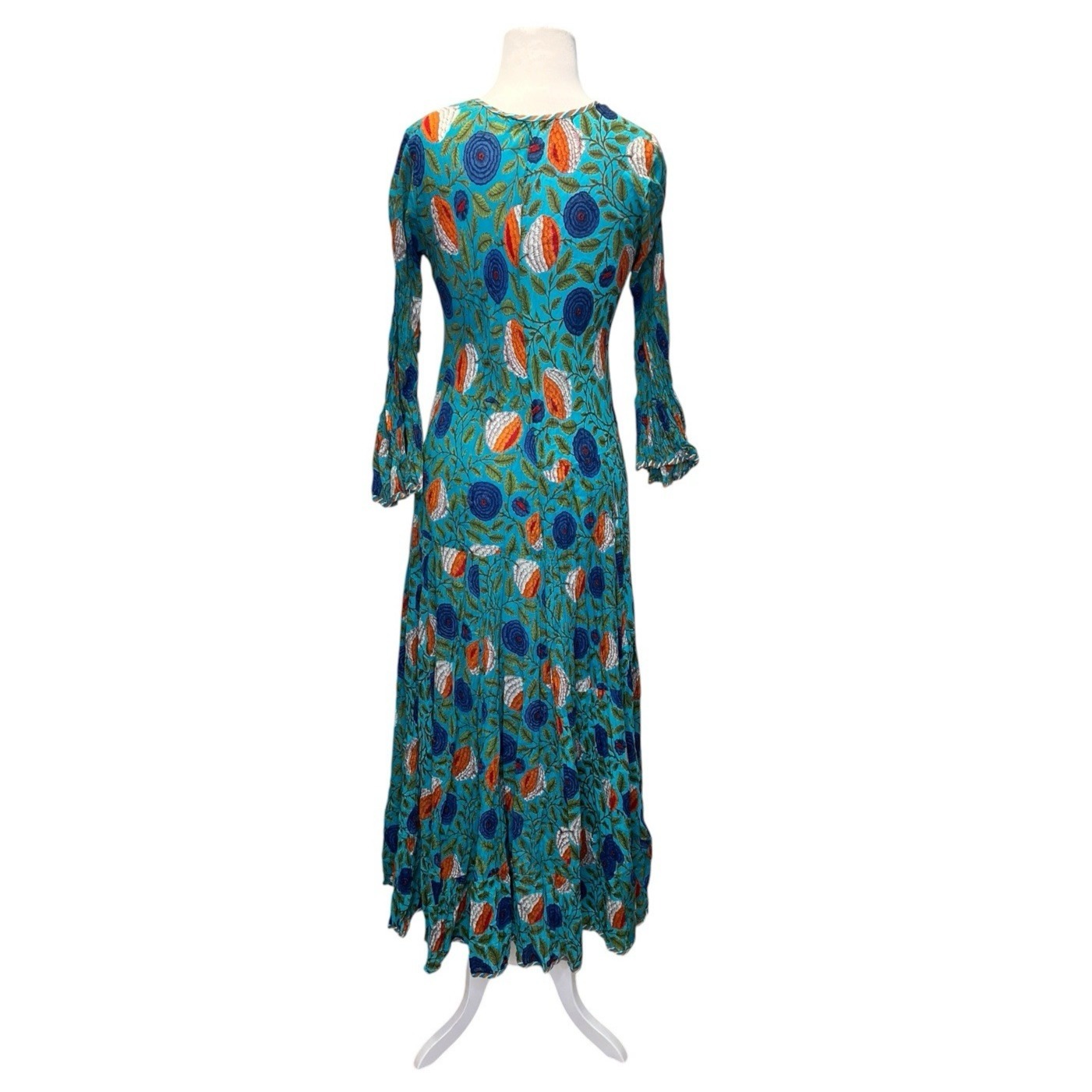 Passementrie Santa Fe Boho Maxi Dress Block Print Cotton Flare Sleeve Turquoise — image 7 of 8